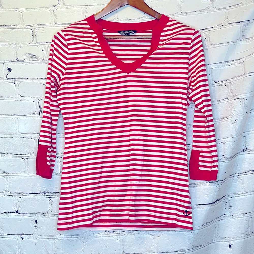 Brooks Brothers Pink White Striped V-Neck Pullover Top Size Medium